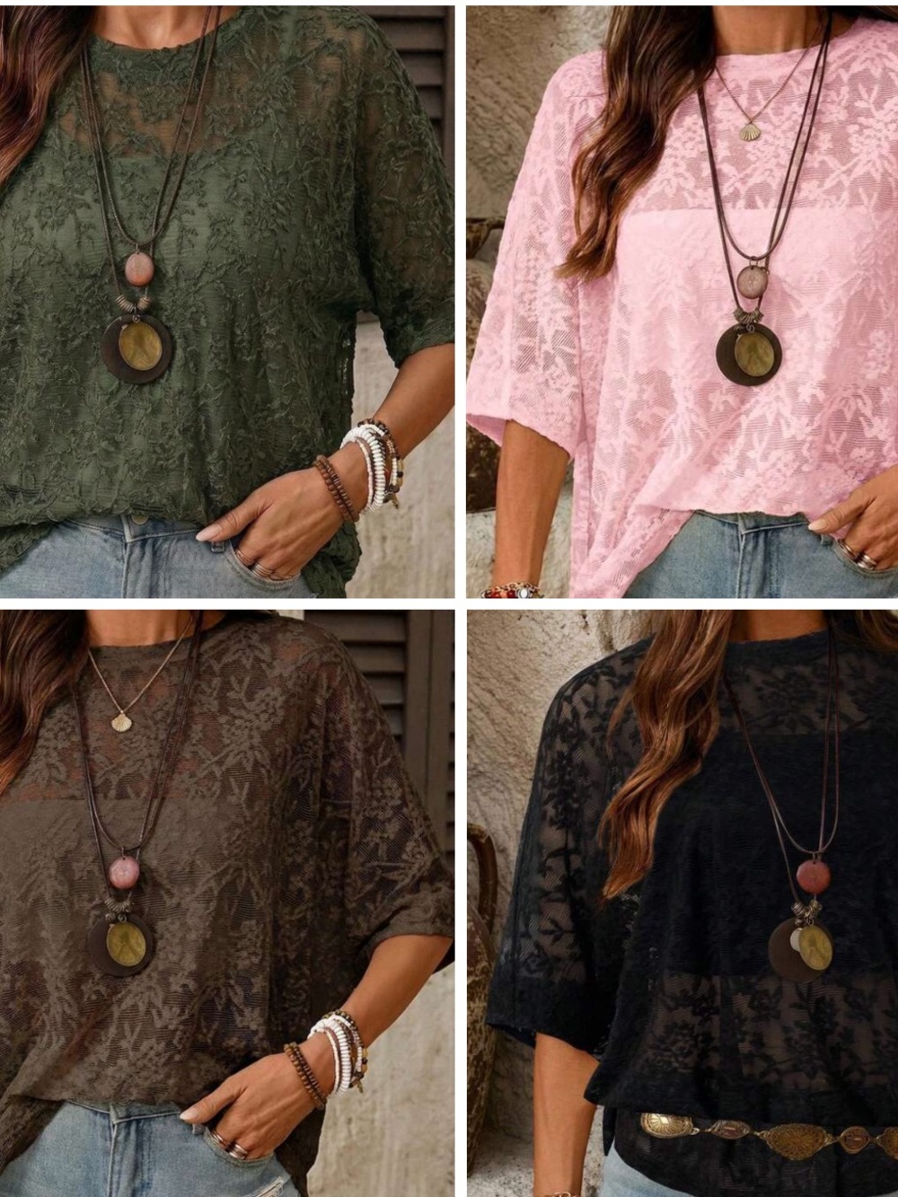 FW3- Lace Overlay Short Sleeve Blouse — 🚨 4 COLORS -Olive, Pink, Brown, Black
